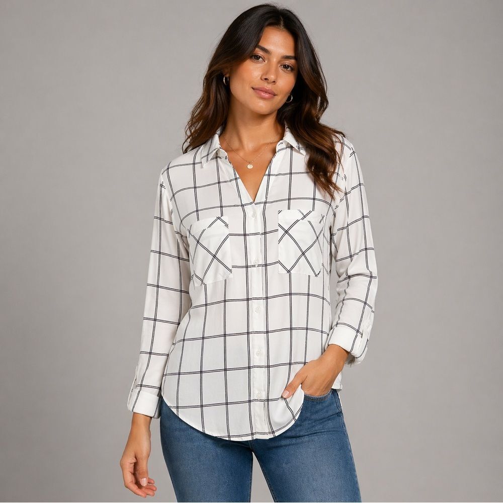 Dex White Black Red Plaid striped   Button-Up V Neck Business Casual Blouse